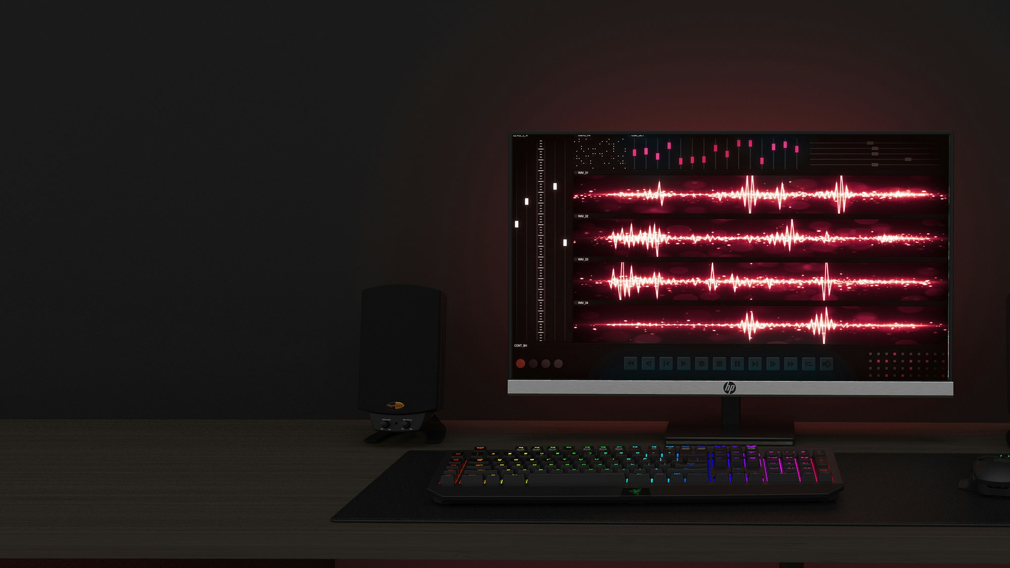 Pro Media 2 1 THX speaker next to computer monitor and keyboard desktop